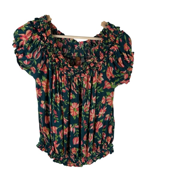 Free People Suki Top Women's Small Green Floral Smocked Off the Shoulder - Picture 6 of 8